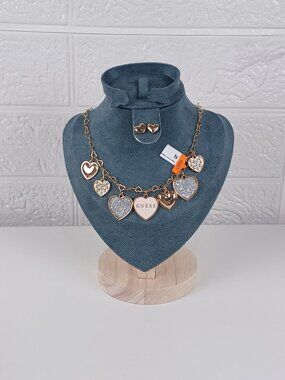 New Guess rose gold heart charm necklace and stud earrings set